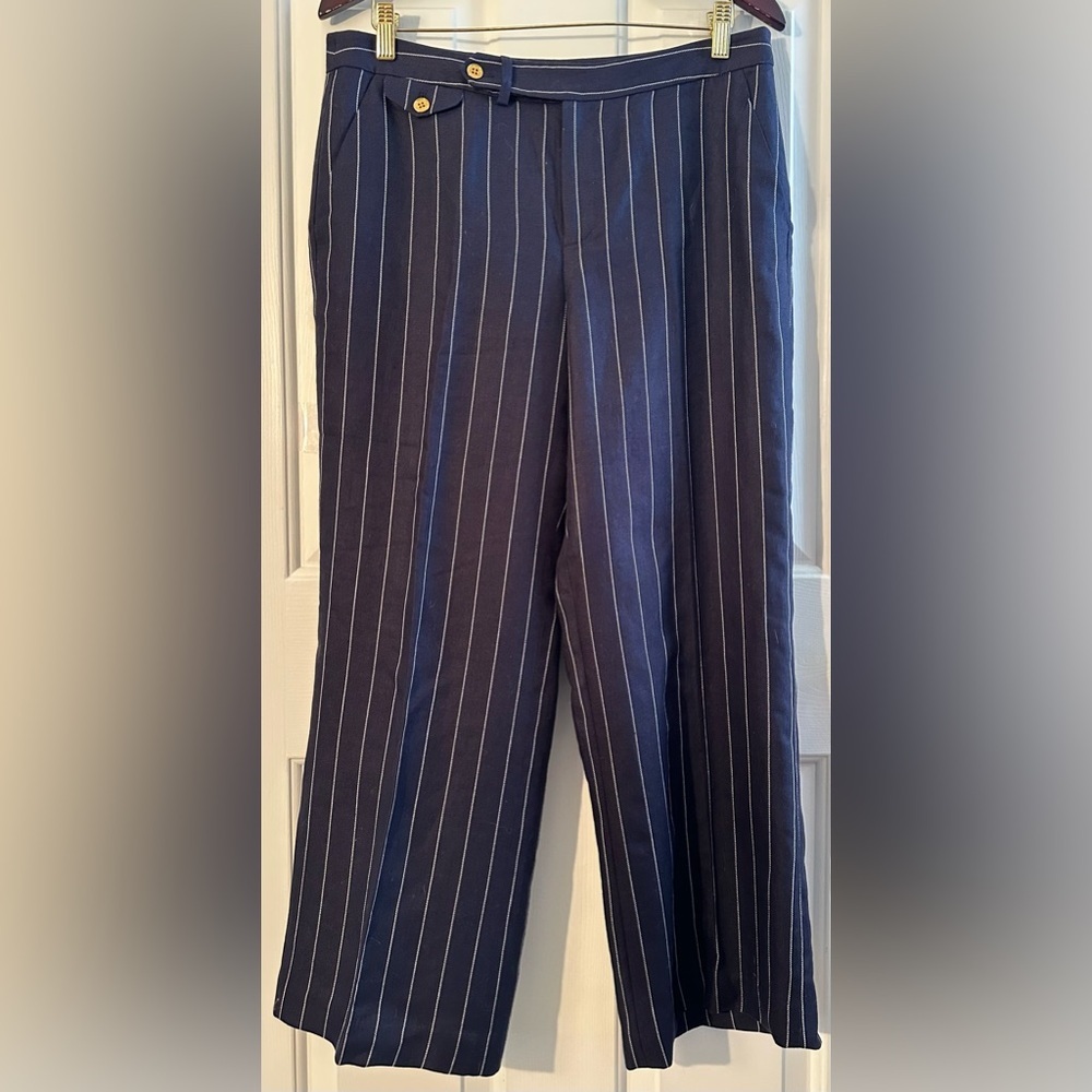 LAUREN RALPH LAUREN 10 Preppy Coastal Old Money Pinstripe Linen Wide Leg Pants